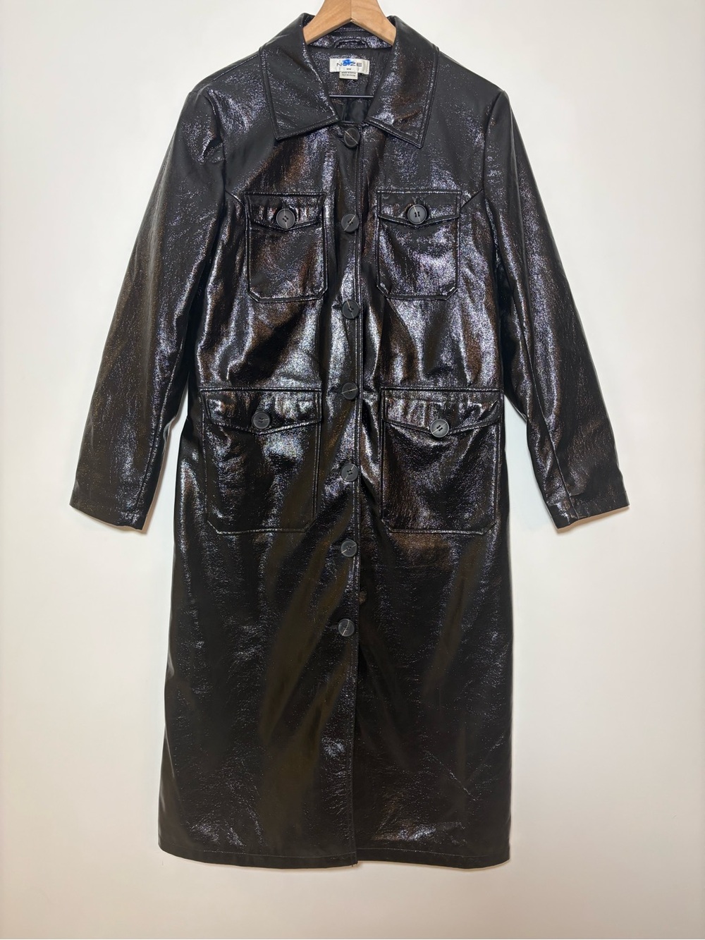 Noize Hallie Vegan Leather Trench Coat Black Collared Buttons Pockets Sz M New